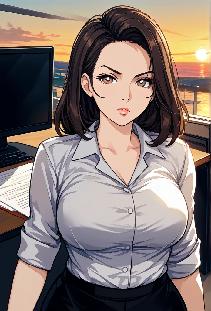 masterpiece, best quality, sunset, cowboy shot, mature woman, bob hairstyle, black hair, mature face, hot face, sharp eyes, medium breasts, curvy body, hazel eyes, business clothes, looking at viewer, very close to viewer, face to face, tough appearance, in the office
 ((looking serious), 