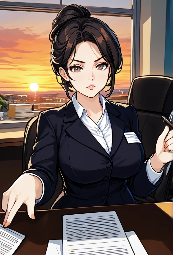 masterpiece, best quality, sunset, cowboy shot, mature woman, bob hairstyle, black hair, mature face, hot face, sharp eyes, medium breasts, curvy body, hazel eyes, business clothes, looking at viewer, very close to viewer, face to face, tough appearance, in the office
((looking serious),