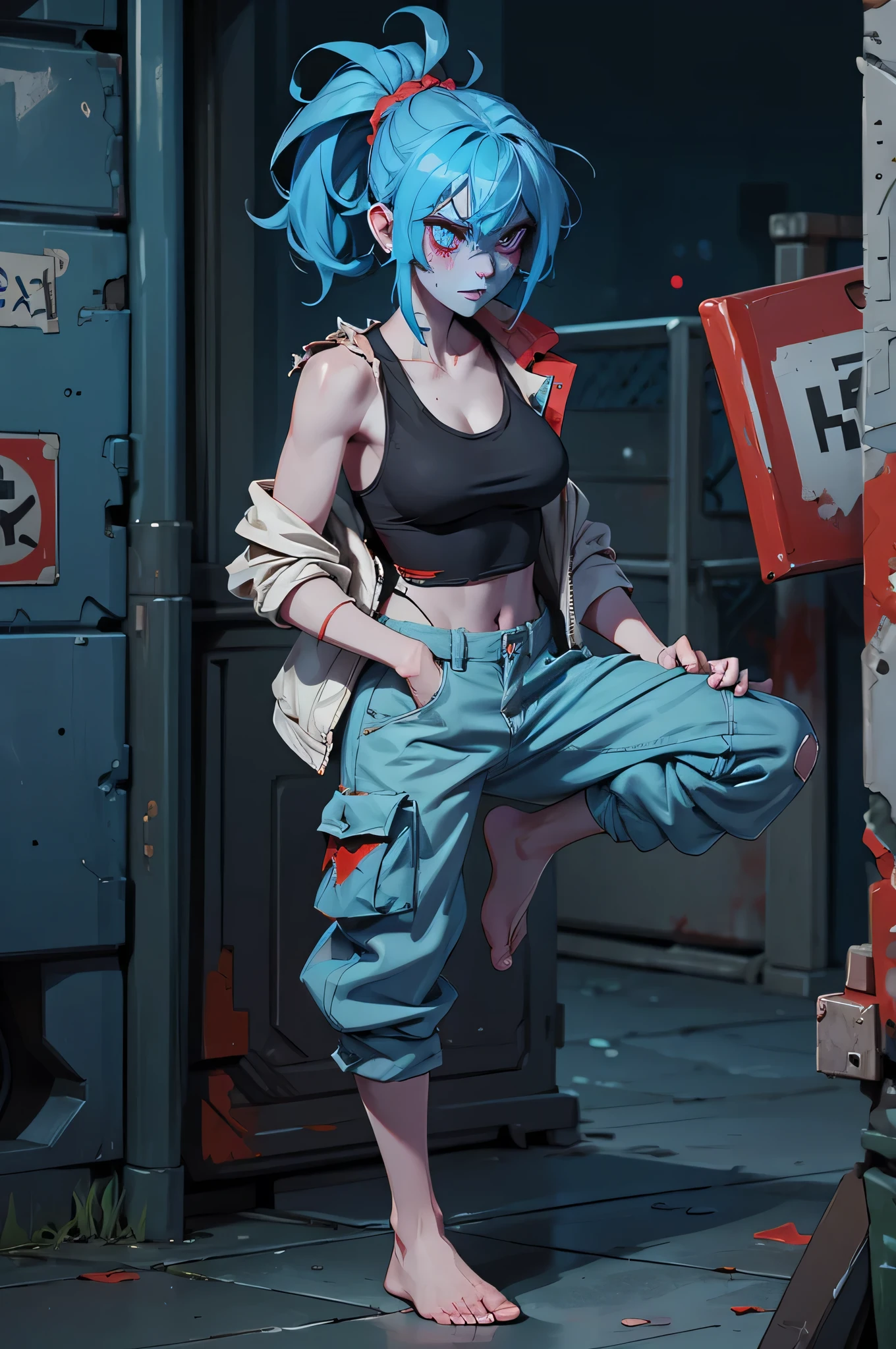  female full zombie. blue skin, paleskin, vivid, ripped clothes, tank top, no jacket, tears, night background city, blood, cargo pants, bare foot, puzzled face