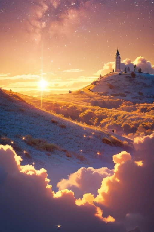 Fundo em nuvens brancas e rosa; with a golden-haired unicorn; in the background next to the starry sun