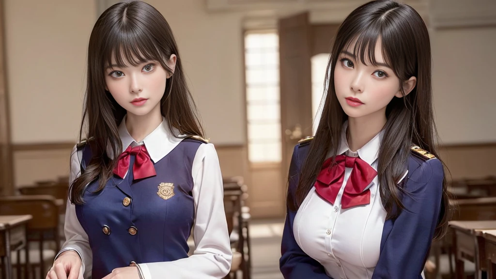 masterpiece,highest quality,Ultra-high resolution、Beautiful woman,Mature Woman、((In the classroom))、((detailed ,Elegant uniform,Lady,detailed JK Uniform:1.57))、8k Photo,(Realistic:1.37,Surreal),Highly detailed integrated CG 16K raw photos:1.5、One Girl,(((Perfect body:1.2)),(Beautiful breast growth:1.2),Amber Eyes,Eye highlights,Keep your eyes down,Looking at the audience,(((Straight from the front)))),Laugh shyly,(High Quality Skins:1.2,shiny silky skin),Anatomically accurate depiction、8K Ultra HD,Digital SLR,Soft lighting,super high quality,Ilm grain,Fujifilm XT3,((whole body: 0.95)),(Professional Lighting:1.4)、