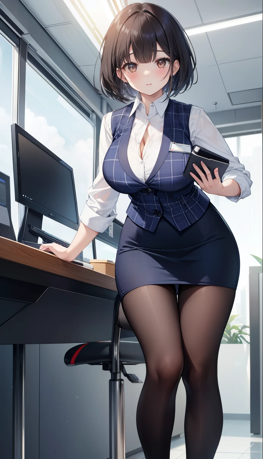highest quality, Flying debris、Beautiful woman、officeレディー、Black Hair、(Brown eyes、Big Breasts、Blunt bangs)、short hair、チェック柄のダークブルーのofficeスーツ)、new employee,Full Body Shot、Female office lady、break(Dark blue checked vest、White dress shirt、Navy blue mini tight pencil skirt:1.2)、(Black Pantyhose、garter belt、High heels)、break(office:1.3)、Cleavage、Shirt buttons fly off、Absolute area