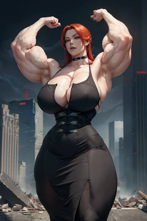 (((((Massive tall, beautiful, buff, pale white skinned muscular asian woman with red hair, ginormous bulky muscles and wearing a beautiful black gothic pencil dress))))), (close view), massive muscles, massive biceps, hyper muscle shoulders, massive muscle arms, vascular shoulders, hyper muscle triceps, (long hair), yellow eyes, choker, lace sleeved gloves, (on top of a dilapidated skyscraper in a dark destroyed city), confident smile, hyper vascular arm, hyper muscles arms, hyper muscle legs, (massive arms).