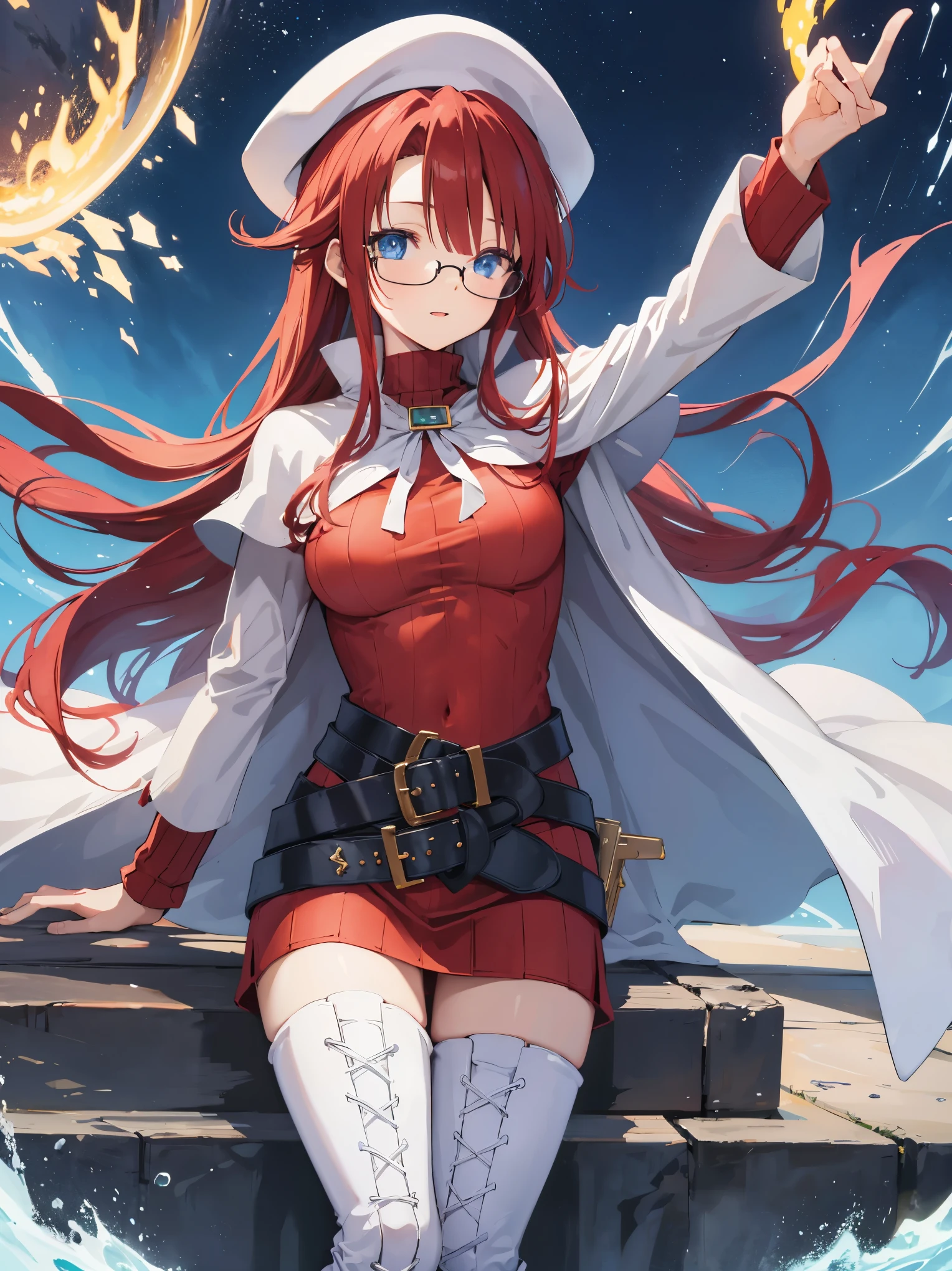 pov,(nsfw:1.2),summonnightaty, aty, (young:1.3),long hair, blue eyes, red hair, large_beret, hat, glasses,
BREAK long hair, thighhighs, hat, dress, boots, glasses, belt, cape, sweater, zettai ryouiki, beret, thigh boots, white footwear, ribbed sweater, loose belt,solo,
BREAK outdoors, fantasy,on_the_ship,on_the_ship's_railing
,
BREAK (masterpiece:1.2), best quality, high resolution, unity 8k wallpaper, (illustration:0.8), (beautiful detailed eyes:1.6), extremely detailed face, perfect lighting, extremely detailed CG, (perfect hands, perfect anatomy),covered_nipples,covered_navel,light_smile ,(half_eyes:1.4),sword,armpit,sleepy,dynamic_sitting,barrel,red_sweater,apart_legs,magical_effect,spread_legs, have_a_book,open_mouth,teacher,