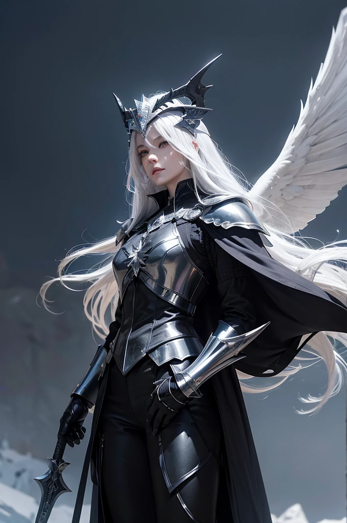 masterpiece, Ultra-high resolution, 8K, Chariot_Flaming Fallen Angel, Demon Wings , Male Characters, Dim Lights, Wind blowing through hair, Harsh environment , mystery, Ghost Fog , horrible, ValkyrieProfileHelmet, helmet extremely detailed, Feathers on the helmet, Dragon Armor Details, Armor Detail Guide, Armor Black, Set with precious stones, Crystal Amethyst, Crystal Quartz, Dark Quartz Crystal ((Devil face)) Practical, white hair, long hair, Straight Hair, Valkyrie_contour_helmet_