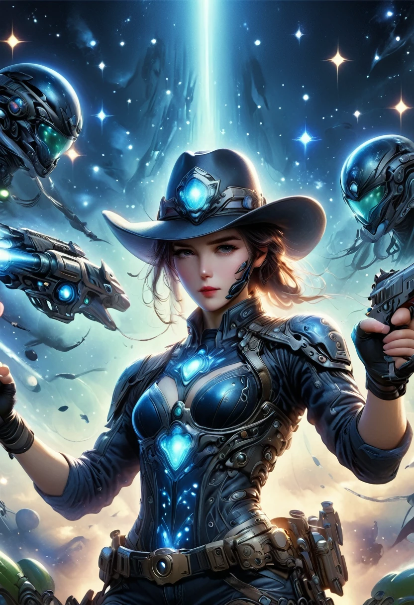 Alien wearing denim suit on alien spaceship,Wear a stylish cowboy hat,Futuristic starry sky background,Alien Technology,Mechanical Cowboy,Mechanical spaceship
