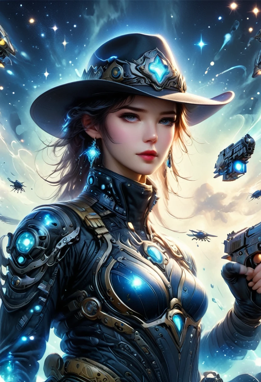 Alien wearing denim suit on alien spaceship，Wear a stylish cowboy hat，Futuristic starry sky background，Alien Technology，Mechanical Cowboy，Mechanical spaceship