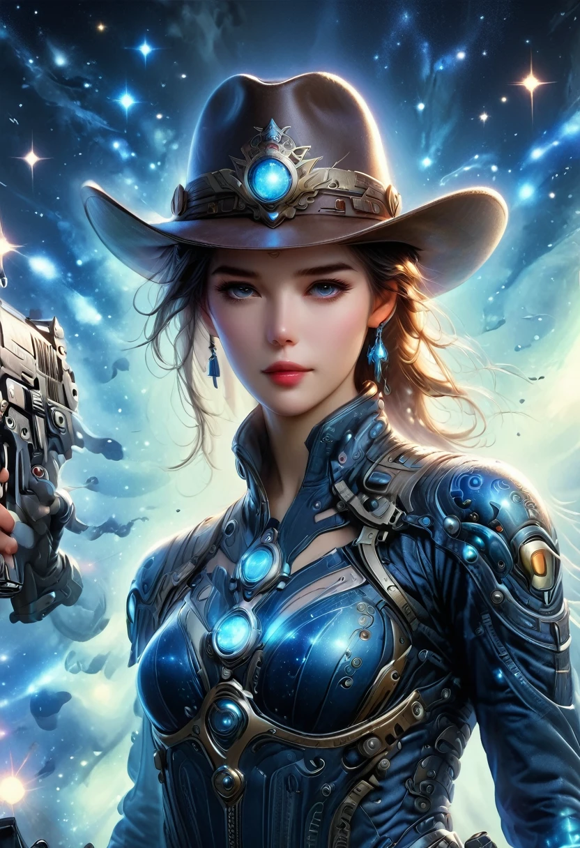 Alien wearing denim suit on alien spaceship,Wear a stylish cowboy hat,Futuristic starry sky background,Alien Technology,Mechanical Cowboy,Mechanical spaceship
