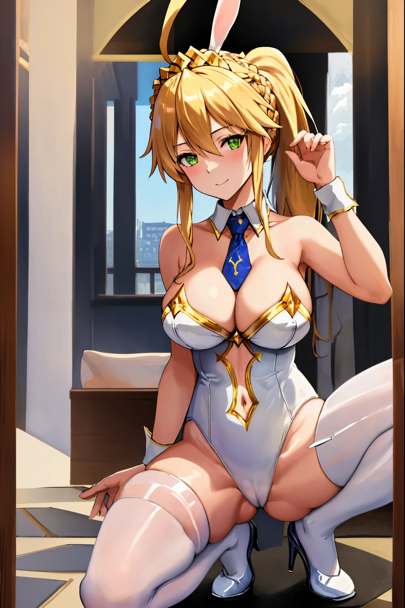 masterpiece, best quality, absurdres, looking at viewer, (light_smile:0.6),
1girl, ahoge, rabbit ears, playboy bunny, artoria pendragon \(swimsuit ruler\) \(fate\), large breasts , blonde hair, green eyes, french braid,  pony tail
bare shoulders, large breasts , cleavage,
clothing cut out, wrist cuffs, detached collar, cutout, feather boa,
white leotard, blue necktie, blue pantyhose, single thigh strap, hands_above_head,(squat:1.3),(spread_legs:1.3),rabbit_pose,solo,stretch_fingertips