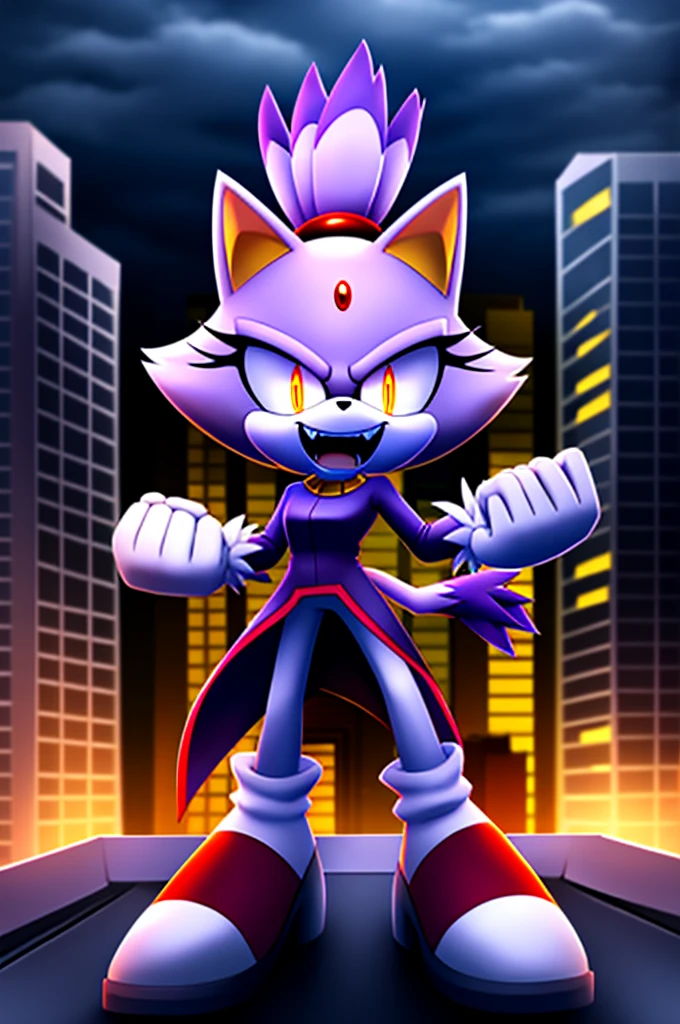 blaze the cat, tall character, intimidating height, villainous stance, triumphant pose, black eyes with red glowing pupils, big evil grin, evil laughter, reveling in evil laughter, standing on a skyscraper roof, cloudy night, high quality digital art