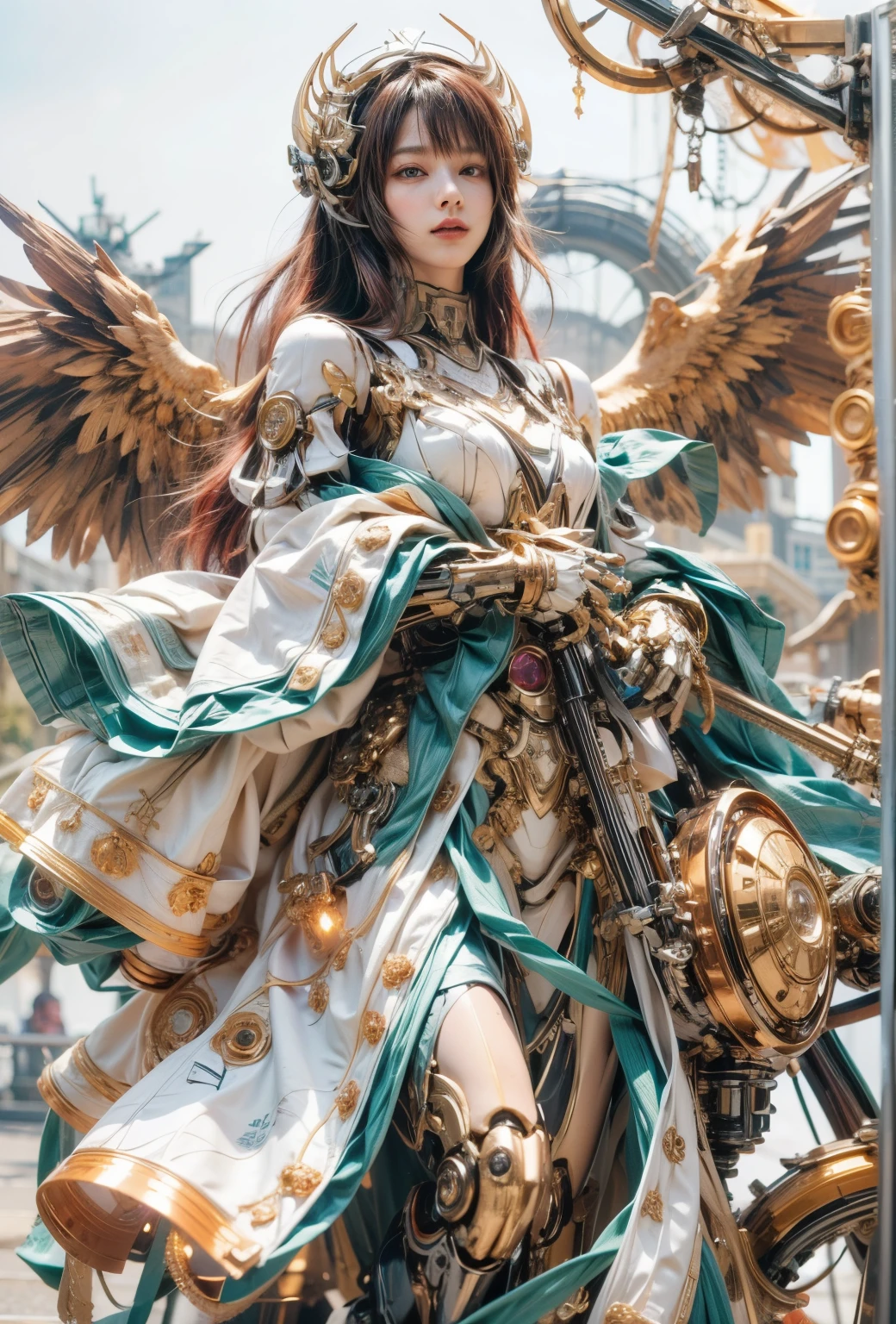 (top-quality:1.2, masterpiece)、ultra high resolution、extremely ultra surrealism, (Photorealsitic:1.4)、Raw photo、(Steampunk Battle Cyborg fallen angel)、(large mechanical bat wings)、black porcelain body、red hair、glowy skin、1 Cyborg girl、(mechanical frame:1.3)japanese, extremely cute face, ((super realistic details))、portrait、globalillumination、Shadow、octan render、8K、ultrasharp、character edge light、Details of complex ornaments、Acrylic Clear Cover、Sumerian details、Hydraulic cylinder、Small LED lamp、highly intricate detail、Realistic light、a purple eye、radiant eyes、Facing the camera、neon details、cowboy shot、Futuristic headgear、About Cyberpunk