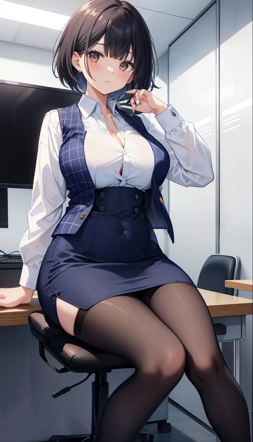 highest quality, Flying debris、Beautiful woman、officeレディー、Black Hair、(Brown eyes、Big Breasts、Blunt bangs)、short hair、チェック柄のダークブルーのofficeスーツ)、new employee,Full Body Shot、Female office lady、break(Dark blue checked vest、White dress shirt、Navy blue mini tight pencil skirt:1.2)、(Black Pantyhose、garter belt、High heels)、break(office:1.3)、Cleavage、Shirt buttons fly off、Absolute area、Blushing、Embarrassed