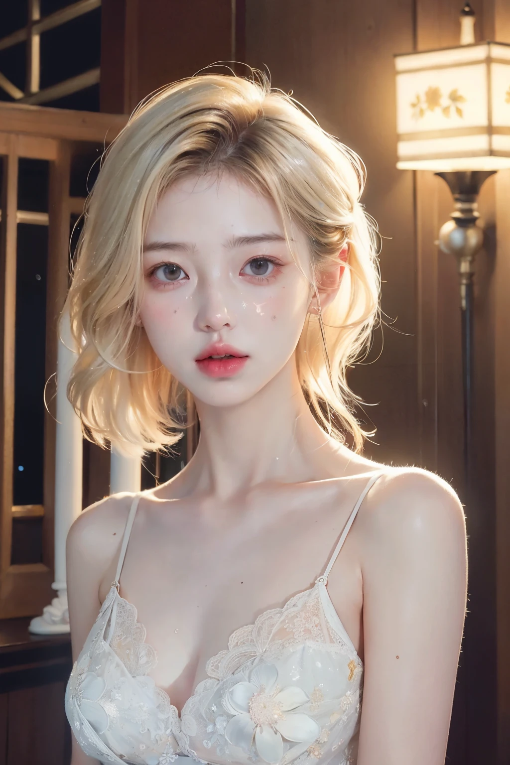 1 woman, SFW,  Beautiful woman with blonde hair in the arcade, (whole body:1.7), AS-Adult, detailed skin, ultra realistic 8k cg, 그림처럼 Perfect 얼굴, Perfect, Clean, masterpiece, 전문적인 illustration, famous work of art, movie lights, Cinematic flowers,  best quality, masterpiece, illustration, (realistic, photo-realistic:1.37), amazing, in detail, incredibly absurd, huge file size, very detailed, mackerel, very detailed CG Unity 8k 벽지, ray tracing. The background of the image is blurry., depth of field and extremely photorealistic quality., (Milky skin, glowing skin:1.5). 