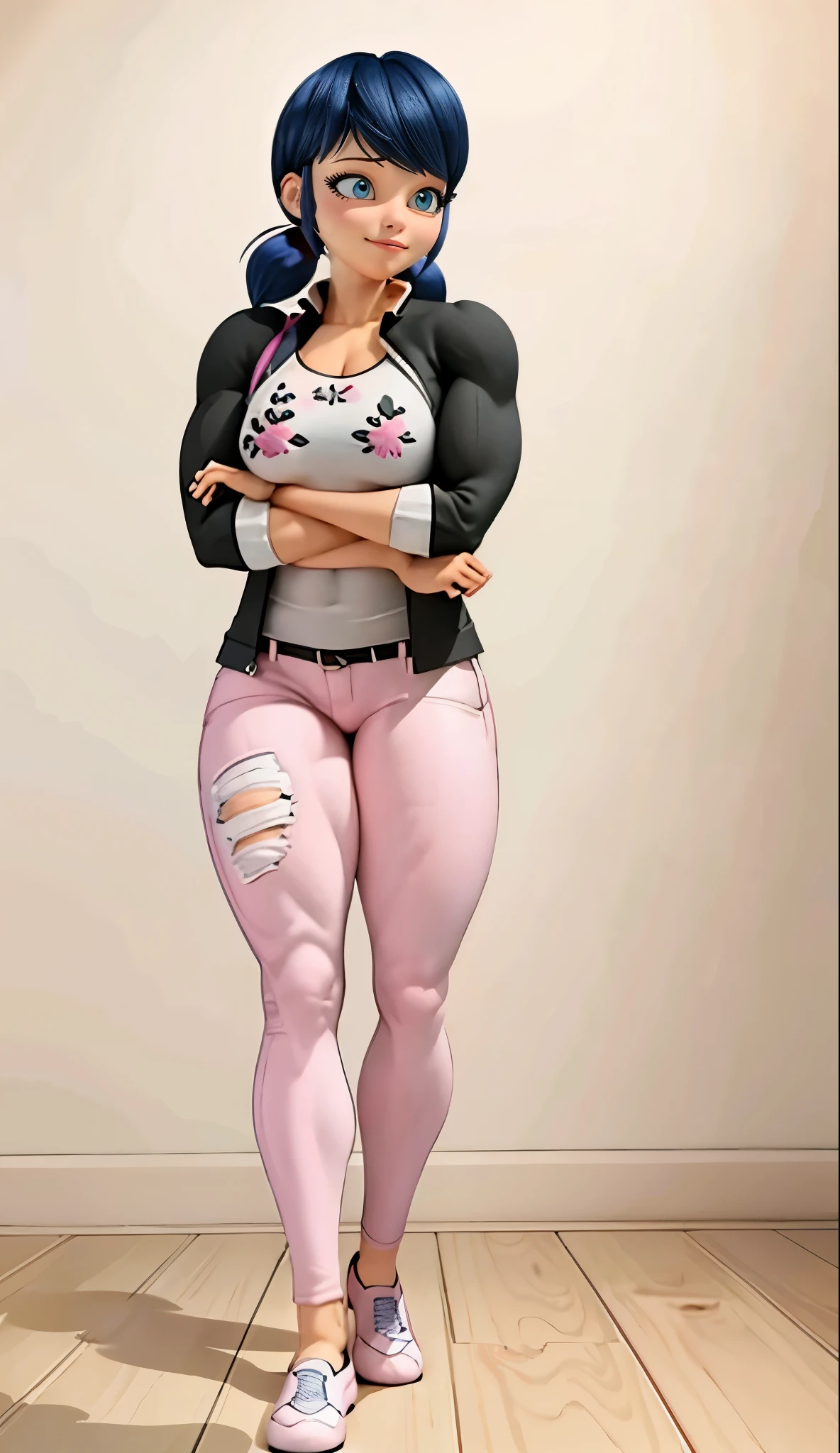 (big muscular female bodybuilder, beautiful detailed eyes, beautiful detailed lips:1.1,strong physique, two short pigtails, (smile), ( Marinette wears a white printed shirt ), ((( dark pink jean's , plane jean's, without pattern))) black jacket,, and ballet flats.), lifting weight, muscular arms and legs:1.2, toned abs, powerful expression,sweating:1.1, bed background:0.9, intense focus:1.1, vibrant colors, dramatic lighting), rippling muscles,sturdy frame,dark tan,fit around the waist,tight abs,strong arms and shoulders,intense expression,determined look,well-defined muscles and veins,straining muscles,artistic pose,steely gaze,side lighting,powerful presence,vivid colors,dynamic composition,studio lighting,physically-based rendering,athletic build,bodybuilding silhouette,professional,gritty texture,bokeh.