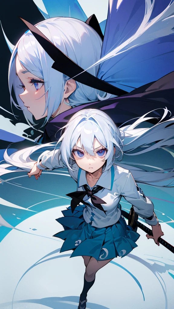 highest quality Neutral face woman Sky blue white hair White, black and sky blue clothes I have long hair kind Odd Eye Sagume Rare God Konpaku Youmu Japanese sword