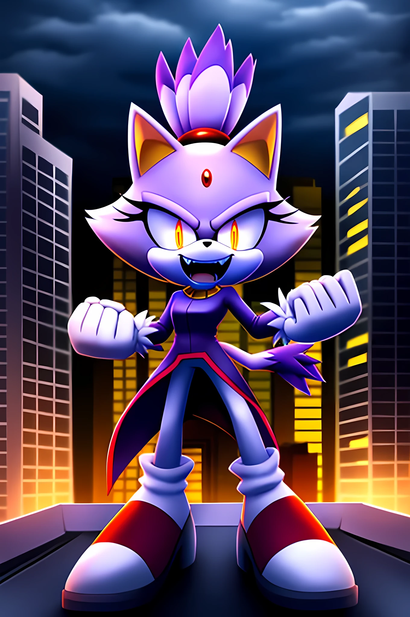 blaze the cat, tall character, intimidating height, villainous stance, triumphant pose, black eyes with red glowing pupils, big evil grin, evil laughter, reveling in evil laughter, standing on a skyscraper roof, cloudy night, high quality digital art