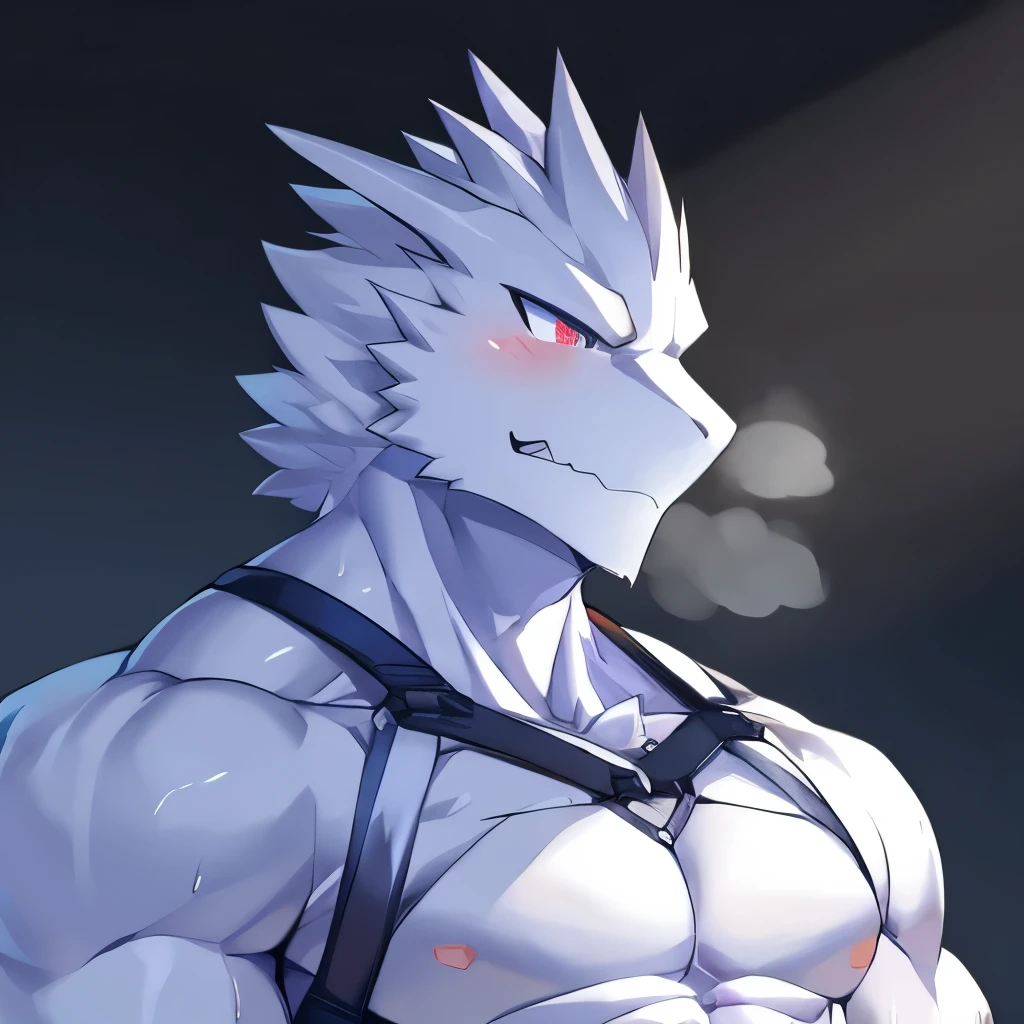 Thin macho white dragon abs Hollow abs thick arms chest rig 、sweaty skin glow profile Wearily short of breath clenching one's back teeth Knees on the floor rubber suit