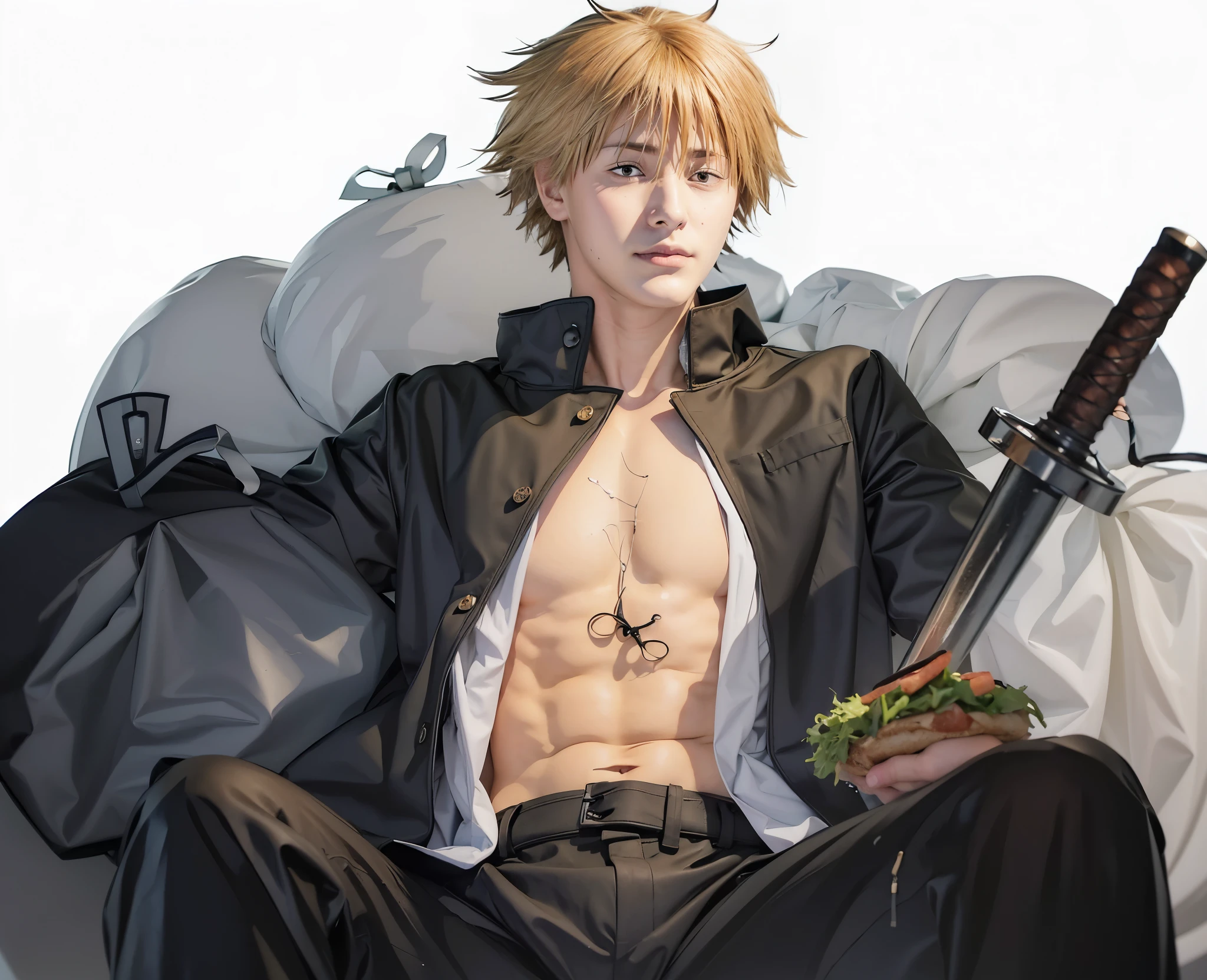 a young man with messy, blonde hair. He is depicted in a relaxed sitting position, surrounded by large gray trash bags. The background is plain white, drawing full attention to the character.
He is wearing a partially open black jacket, exposing his well-defined, muscular chest and abdomen. His chest shows a distinct scar or marking, adding to his rugged and tough appearance. The jacket is casually draped over his shoulders, and his white shirt underneath is unbuttoned and open, further emphasizing his muscular build.
In his right hand, he holds a traditional Japanese katana, with the blade partially visible and resting on one of the trash bags. The katana's hilt is wrapped in black, and it appears sharp and well-crafted.
In his left hand, he holds a sandwich, visibly stuffed with fresh greens and possibly some meat, indicating a casual, almost carefree attitude towards his meal despite the intense surroundings.
The young man's expression is calm and slightly serious, with a hint of contemplation in his eyes. His overall demeanor suggests confidence and nonchalance, as if he is unbothered by his environment.