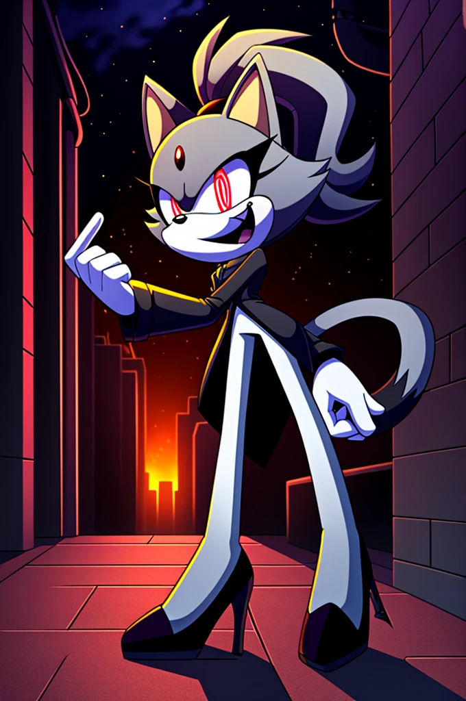 (((masterpiece))), High quality, studio quality, digital art, solo character, mobian, in the style of Sonic the Hedgehog, fluffy and wispy grey fur, female cat demon, intimidating height, tall character, very skinny legs, skinny body, ponytail that sticks straight up, wearing a plain grey coat with coattails, long coattails, white tights, black high heels, big evil grin, evil laughter, reveling in evil laughter, throwing head back, villainous stance, triumphant pose, long fluffy tail, long wispy tail, black eyes with red glowing pupils, smoky atmosphere, in the back of a dark city alleyway, nighttime, graphic novel style art