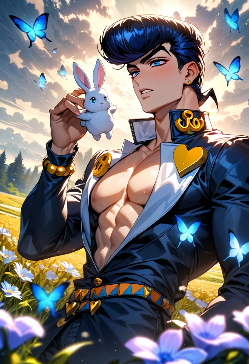 absurdres, highres, ultra detailed, HDR, master piece, best quality, Josuke Higashikata, dark blue hair, expressive blue eyes, jojo's bizarre adventure, solo, sexy man, handsome, toned chest, black clothes, field, flowers, butterflies, holding a cute white bunny 