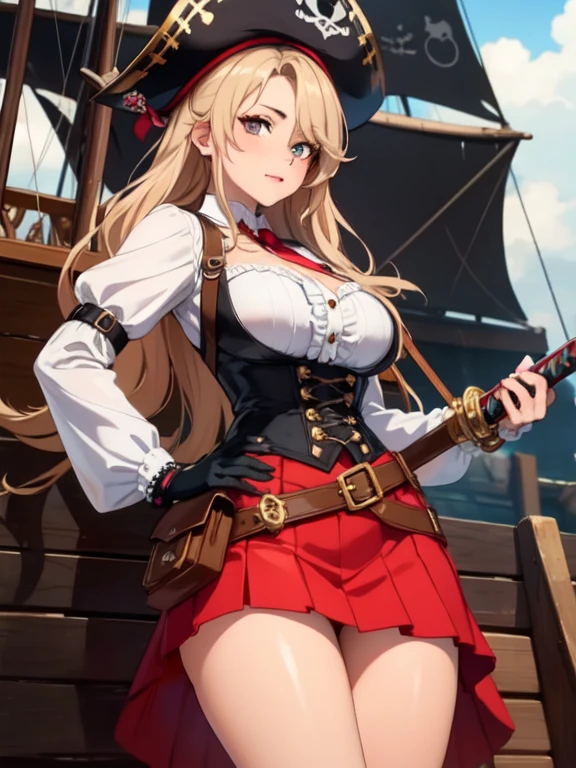 ((masterpiece, best quality, high resolution, UHD, pixel perfect, depth of field, 32k)), 1 girl, girl style anime, cowboy shot, BREAK, girl wearing Women's Steampunk Pirate Costume Burlesque Ruffle Long Skirt Gothic Renaissance Skirt, with a sword in the hand, black pirate patch in one eye, in a pirate ship.