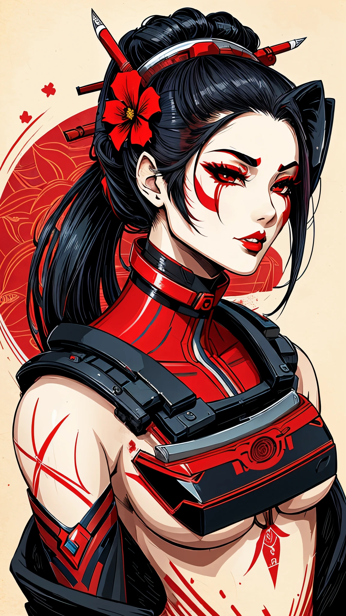 geisha cyberpunk with robot jaw looking up,hair tied,red flower in hair,black hair,red lipstick,dark makeup,hand drawn,art nouveau