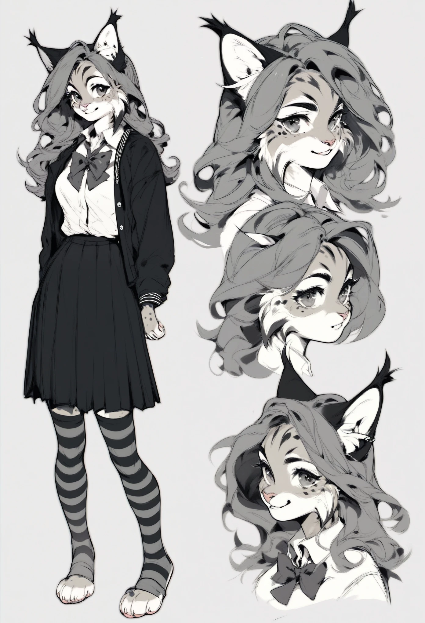 score_9, score_8_up, score_7_up, solo, (Character Reference sheet), medium breast, hips, Lineart, Sketch, lynx, long hair, solo, no colors, black and white only, simple background, full body, paw feet, school girl uniform, striped stockings