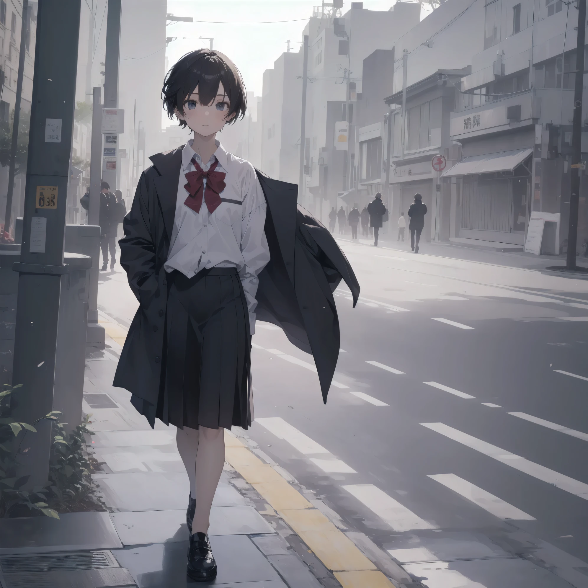 ultra-absurdres-Top quality by artist God, ultra-detailed, high resolution, anime moe artstyle, best anime 8k konachan wallpaper, pixiv contest winner, pool:2810, perfect anatomy,break, 1girl, (Please draw a girl walking sleepily to school alone. )break,(Solo,little female, 13-year-old:1.3),Full limbs, complete fingers,a junior high school student, (very short hair), short cut, flat chest, , small butt, small black eyes, beautiful detailed eyes, well-proportioned iris and pupils, expressive eyes, highres detailed hair, soft expression, salor school_uniform, sailor collar, serahuku, bow, pleated skirt,(Detailed Lighting), (Detailed background), in the School commute route. break,super detailed skin, Best cinematic lighting powered by famous artist, 8k,beauty illustration,photoshop_(medium),very aesthetic,break,((artist:iesupa )), artist:clamp ,artist:carnelian ,artist:kantoku ,