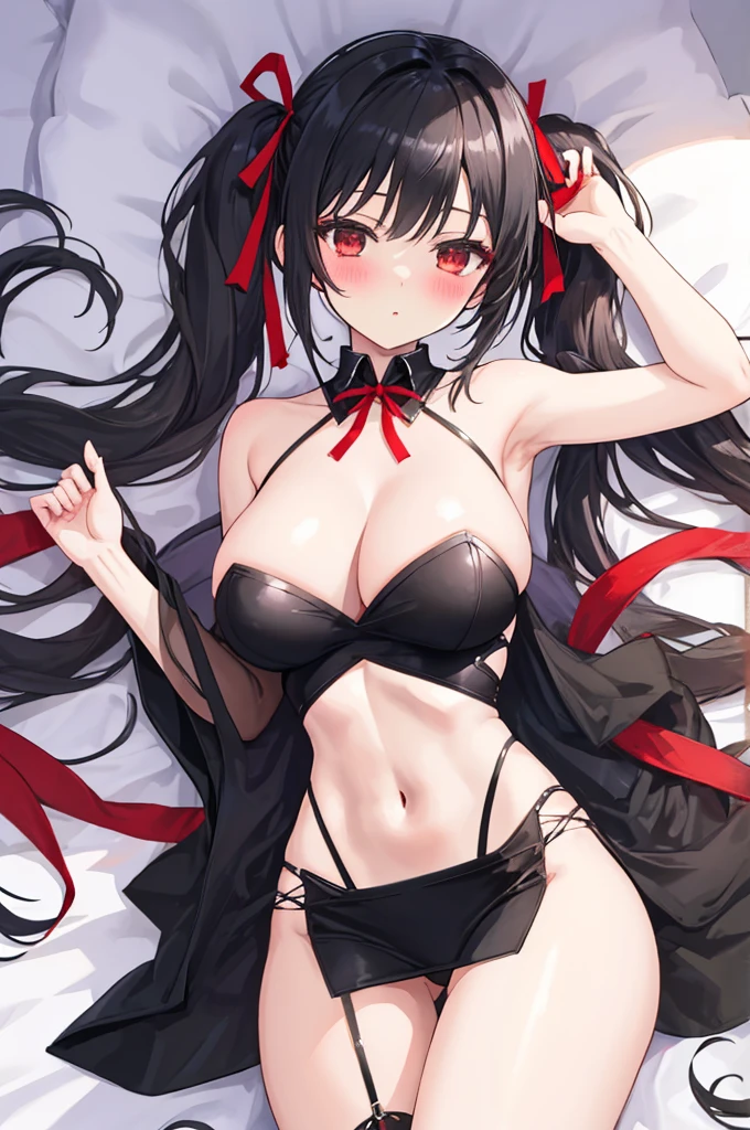 A woman with big ，Black long hair，twintails，Exquisite，(((transparent)))，Red ribbon，sleeveless，Loose collar，Protruding lower chest，Slim waist，pubic，blush，bedroom，Lying down，