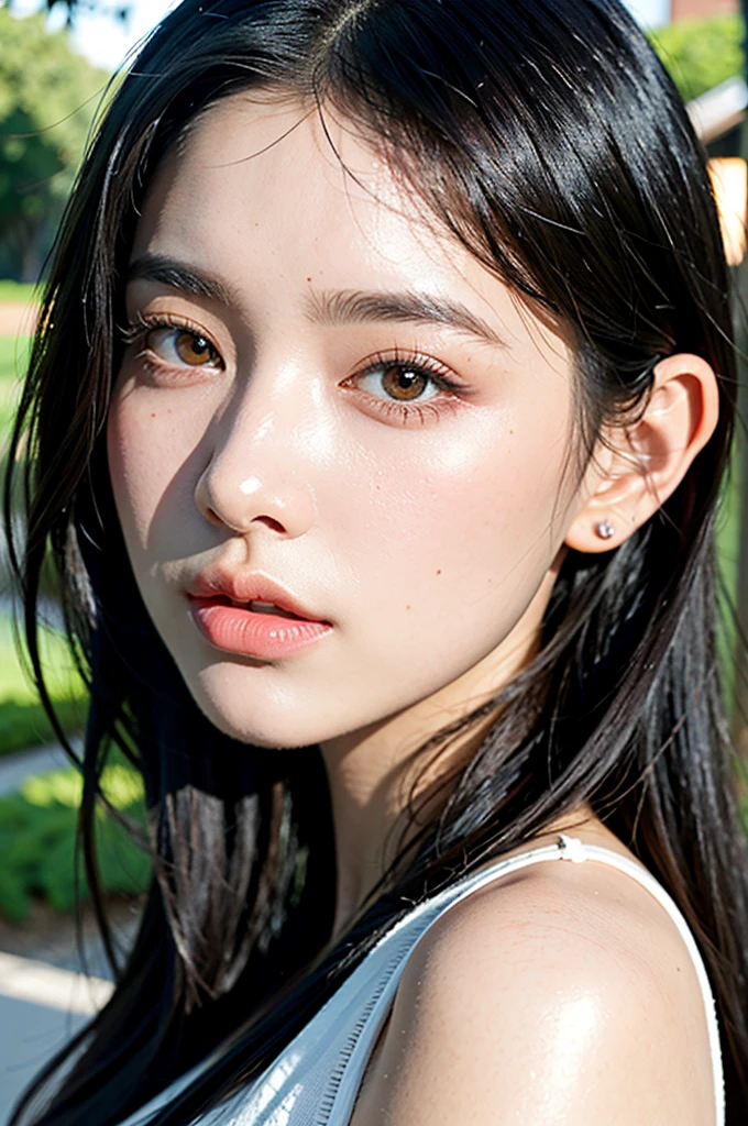 A girl in a garden,black long hair,thick body,white shirt,illustration,ultra-detailed,realistic,beautiful detailed eyes,beautiful detailed lips,extremely detailed eyes and face,longeyelashes,professional,portraits,vivid colors,warm color tone,studio lighting