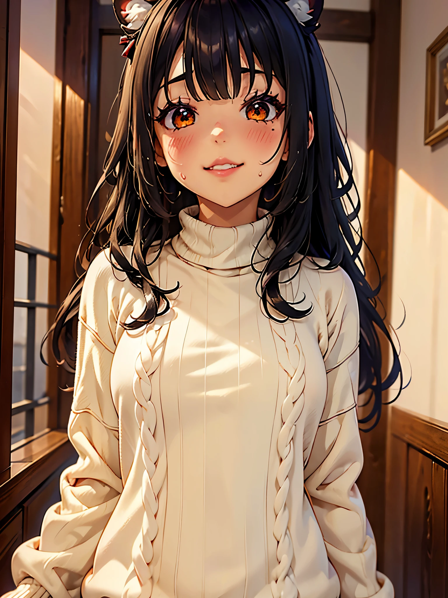 junkotvv, cabello negro con orejas de gato, ojos rojos, obra maestra,Of the highest quality,high resolution ,1 chica,rapid eye movement, , ((delgado)),pechos grandes,piel blanca,((Sweater(Patrones de animales),((胸にPatrones de animales柄のSweater))Transparente)),((raya)),((clodelgadog:Sweaterのみ)),bolsas debajo de los ojos,sonrisa,Chemomimi,felicidad,hombros descubiertos,