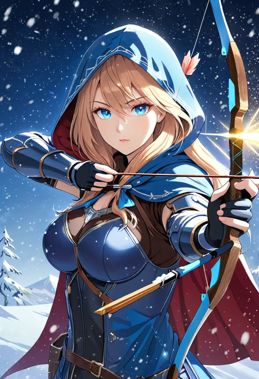 (best quality), ((masterpiece)), (highres), illustration, original, extremely detailed, 1girl, holding bow \(weapon\), bow \(weapon\), weapon, drawing bow, arrow \(projectile\), solo, hood, holding weapon, holding, holding arrow, blue eyes, aiming, long hair, light particles, glowing, upper body, cape, armor, breasts, hood up, snowing