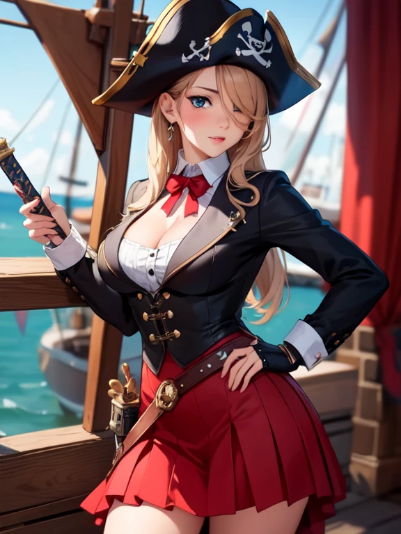 ((masterpiece, best quality, high resolution, UHD, pixel perfect, depth of field, 32k)), 1 girl, girl style anime, cowboy shot, BREAK, girl wearing Women's Steampunk Pirate Costume Burlesque Ruffle Long Skirt Gothic Renaissance Skirt, with a sword in the hand, black pirate patch in one eye, in a pirate ship.