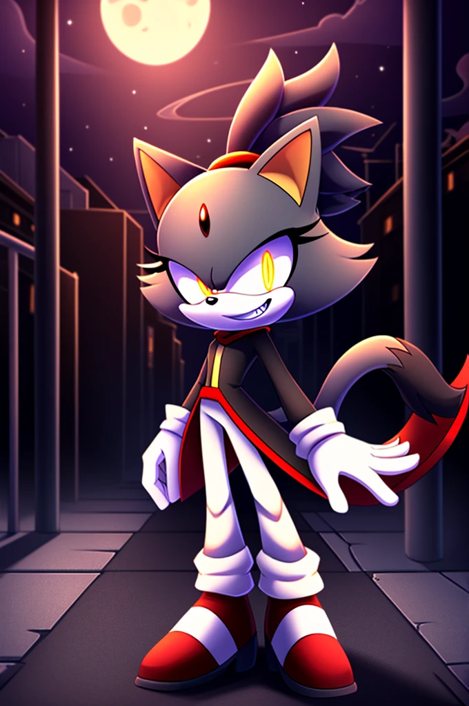 (((masterpiece))), High quality, studio quality, digital art, dark colors, solo character, mobian, in the style of Sonic the Hedgehog, fluffy and wispy grey fur, female cat demon, intimidating height, very skinny legs, skinny body, ponytail that sticks straight up, wearing a plain grey coat with coattails, long coattails, white leggings, black shoes, big evil grin, evil laughter, reveling in evil laughter, throwing head back, villainous stance, triumphant pose, long fluffy tail, long wispy tail, black eyes with red glowing pupils, smoky atmosphere, in the back of a dark city alleyway, nighttime, digital illustration