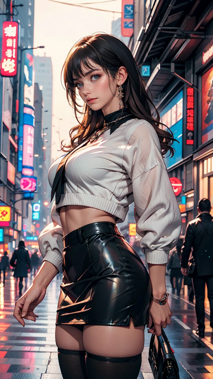 Sexy Caucasian woman standing on a city street wearing a leather skirt and black erotic underwear, Ilya Kuvshinov with long hair, Guviz style artwork, Anime Art Wallpapers 8K, Art Station「Pysif」Mr. Gwitz, ピシヴArt Stationのグウィズ, Cyberpunk anime art