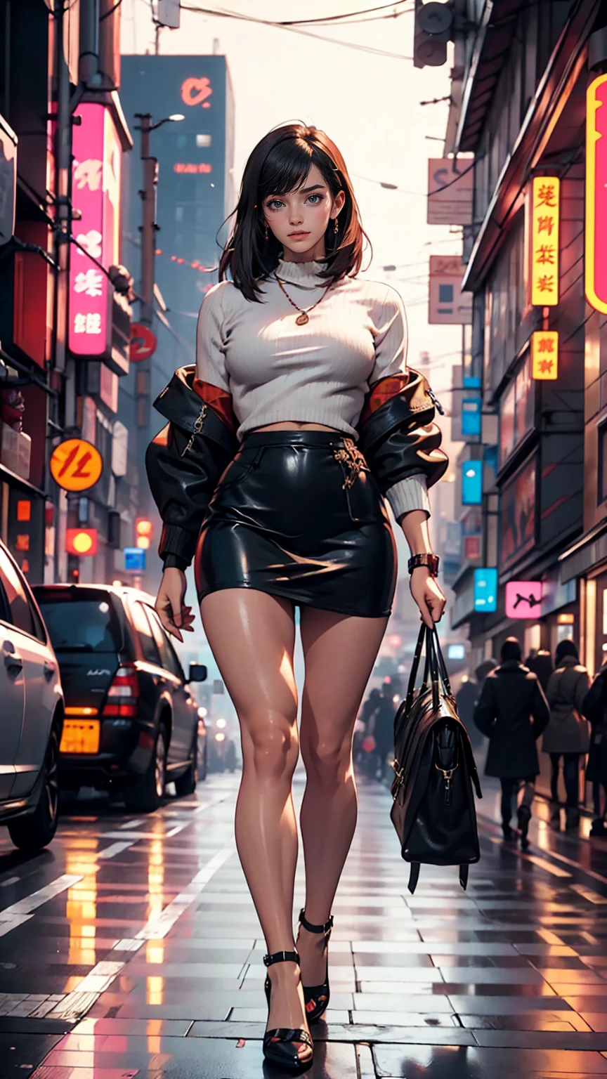 Sexy Caucasian woman standing on a city street wearing a leather skirt and black erotic underwear, Ilya Kuvshinov with long hair, Guviz style artwork, Anime Art Wallpapers 8K, Art Station「Pysif」Mr. Gwitz, ピシヴArt Stationのグウィズ, Cyberpunk anime art