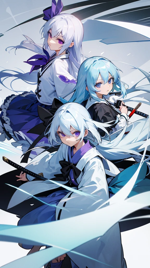 highest quality　Neutral face　woman　Sky blue white hair　White, black and sky blue clothes　I have long hair　kind　Odd Eye　Based on Sagume Kigami and Youmu Konpaku, with outfits and more　Japanese sword