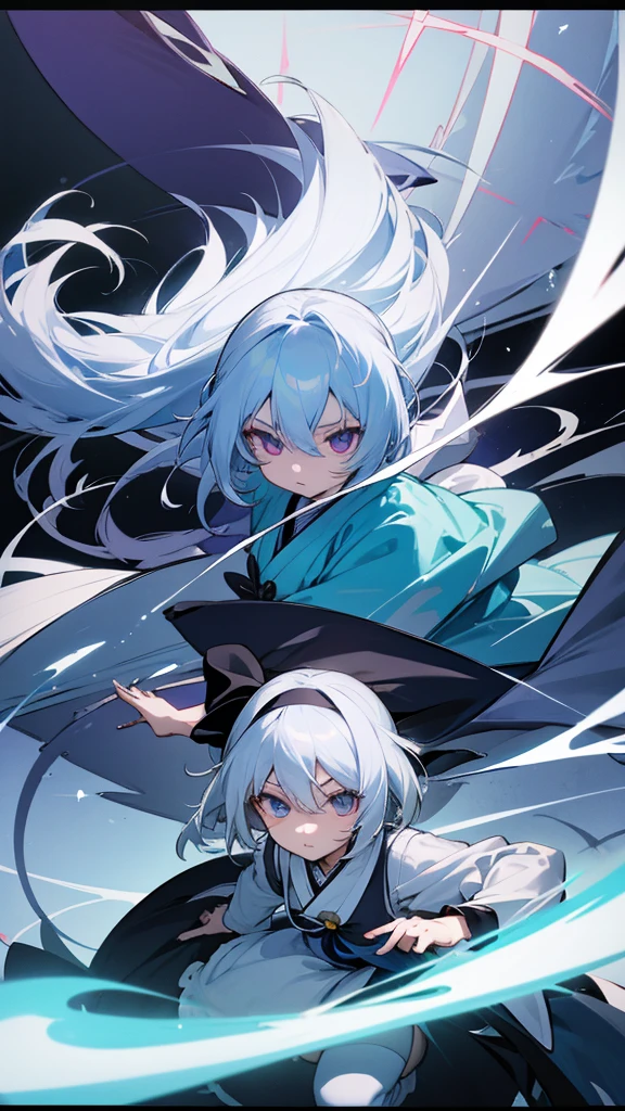 highest quality Neutral face woman Sky blue white hair White, black and sky blue clothes I have long hair kind Odd Eye Based on Sagume Kigami and Youmu Konpaku, with outfits and more Japanese sword
