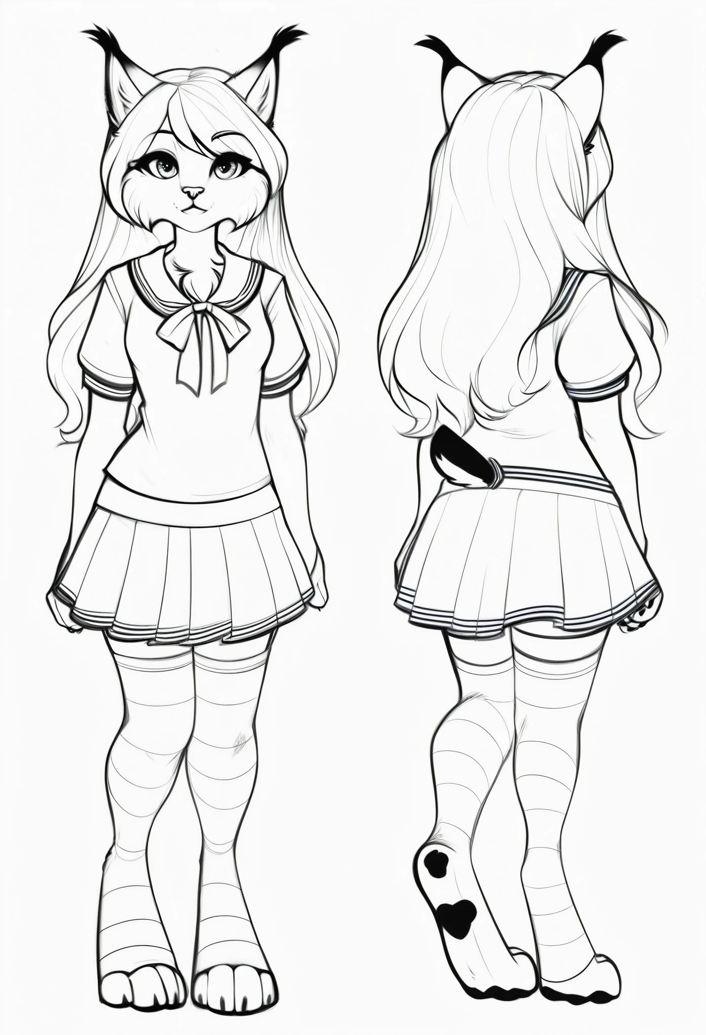 solo, (Character Reference sheet), medium breast, hips, Lineart, Sketch, lynx, long hair, solo, no colors, black and white only, simple background, full body, paw feet, school girl uniform, striped stockings