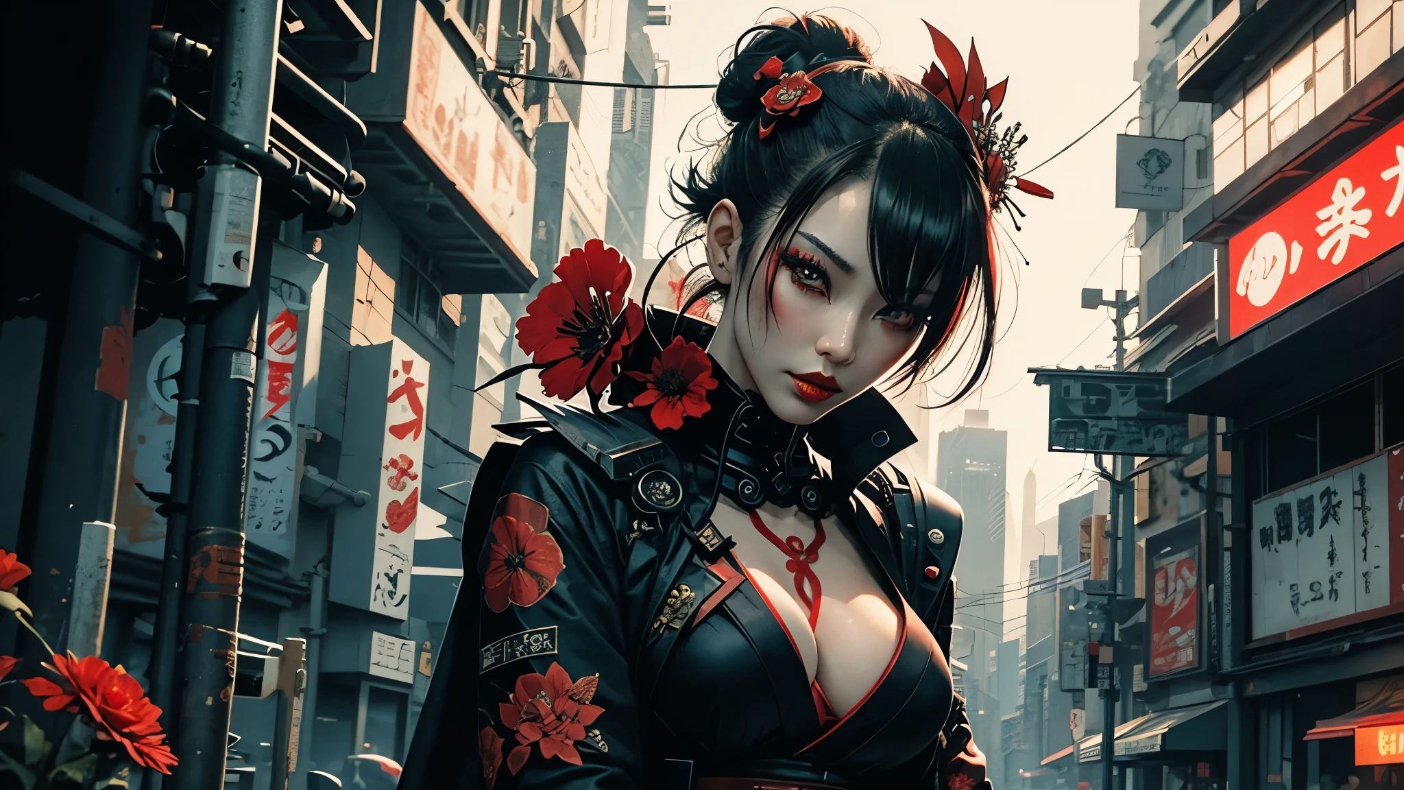 geisha cyberpunk without jaw looking up,hair tied,red flower in hair,black hair,red lipstick,dark makeup,hand drawn,art nouveau