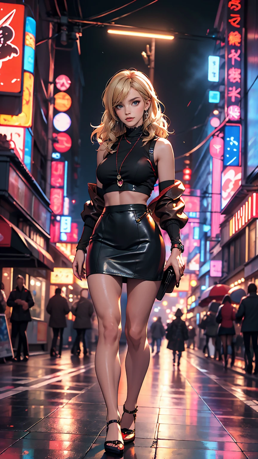 8k, ((Full Body Portrait)) ,masterpiece、Realistic:1.2, Realistic, Ultra-high resolution, ultra-quality, ultra-detailed, ultra-realistic, highest quality, (Solo, 1girl), (Masterpiece, Detailed, 4k), perfect face, perfect lips, perfect makeup, dark eyeshadow, Unreal Engine 5, (Full Body Portrait), absurd resolution, high resolution, sharp image, vibrant colors, Synthwave colors, Vaporwave colors, ((sexy Female Ninja)) with ((blonde hair, two ponytails in hair)), (pleated skirt), neon lights, night sky, neon city, katana, shuriken, kunai leg straps, sexy, beautiful