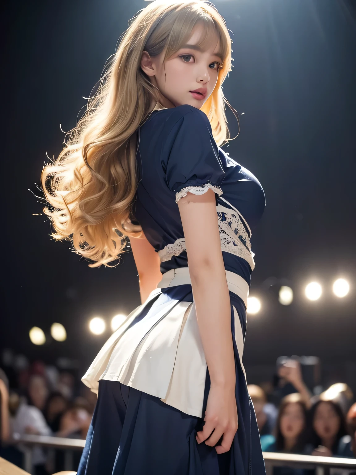 8K、Photo image masterpiece、highest quality、Super-resolution、Angle low-angle image from the feet、Beautiful woman with golden curly hair、((Blonde beauty))、With bangs、Strong winds、Impossibly cute face、And slim、Small breasts、High resolution、masterpiece、Exquisite Function 、Delicate eyes、Delicate blonde hair、8K quality、Pale light and shadow、Dindal effect、Strong winds make her blonde hair messy、With bangs、Random Hairstyles、((A photo from the delicate feet)、(Detailed RAW Photos of Girls)、(Tabletop:1.25)、 (Highest quality:1.6)、(超High resolution:1.5)、(Real:1.75)、8K resolution、Image from the foot、 (RAW Photos:1.2), (Realistic:1.4), Beautiful detailed woman, Very narrow waist、Very detailed eyes and face, Beautiful fine details, Large file size、Very detailed、High resolution、highest quality、masterpiece、((A light navy blue summer blouse and a white skirt))、Very detailed、CG、Unified、8k wallpaper、The finer detailasterpiece、highest quality、 Light on the face、Cinema Lighting、27-year-old woman、Idols singing on a high stage、A popular idol singing on a high stage、The voyeurism incident from below the stage、The concert venue was packed with fans., A crowd of fans tries to take photos of Punch and others、Surrounded by fans, she is being secretly photographed from below、Colorful and gorgeous costumes、(highest quality,16k,最High resolution、Tabletop:1.2),Very detailed、(Realistic、Realistic:1.37)、27-year-old woman、Random Hairstyles、Accentuate your waistline、Clearly visible body lines、Light background、Sheer costume、Costumes of various colors and shapes、White Pantyhose、((Crowd of fans taking pictures, Fans groping her breasts and buttocks、))、