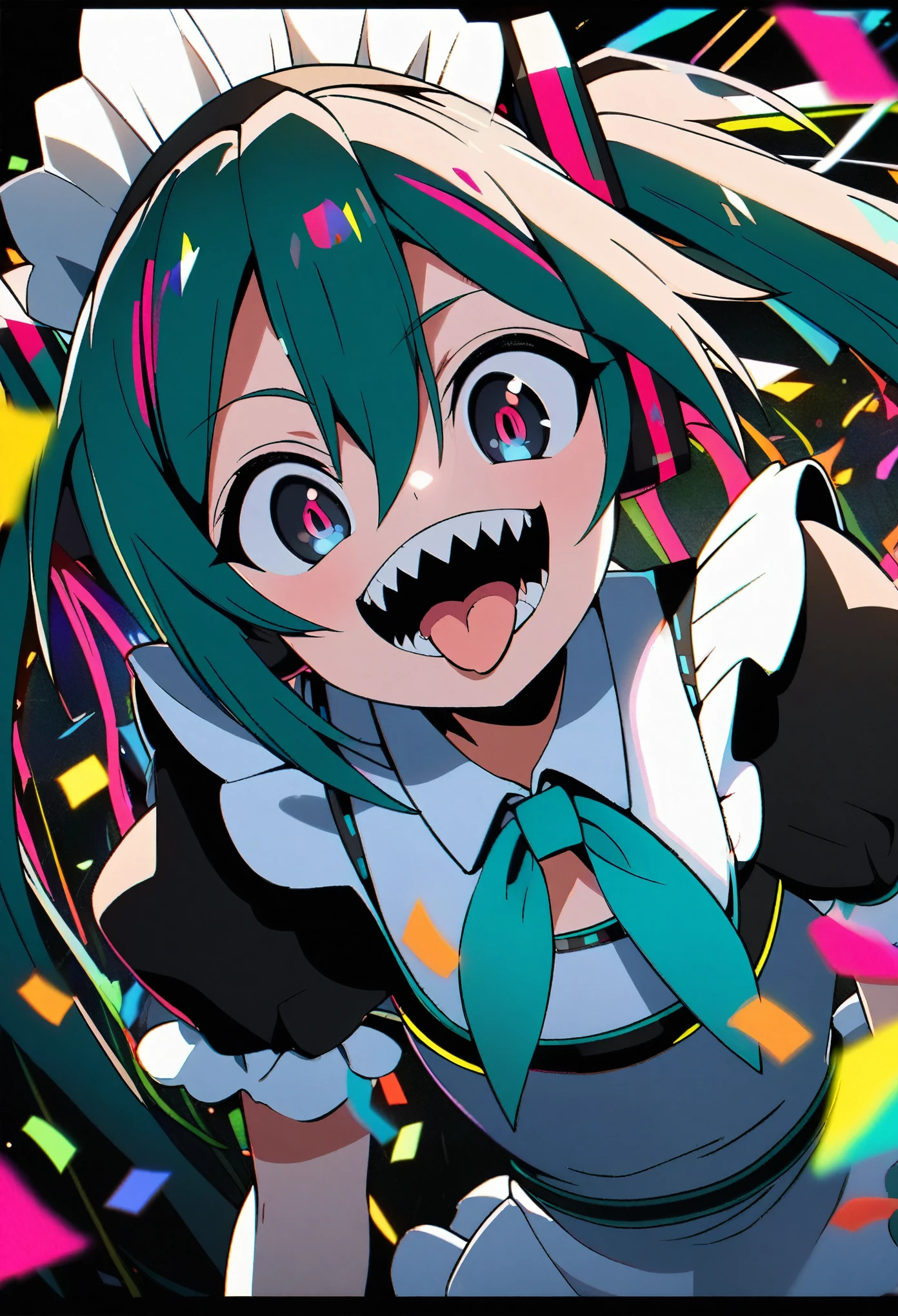 hasune_miku, smile, mouth opened, saw teeth, sharp teeth, tongue out , no highlight eyes, black eyes, wearing a visor, vertical white border pattern blue maid clothes, cuffs only on wrists, colorful confetti, black background, anime style, ultra detailed, 8k