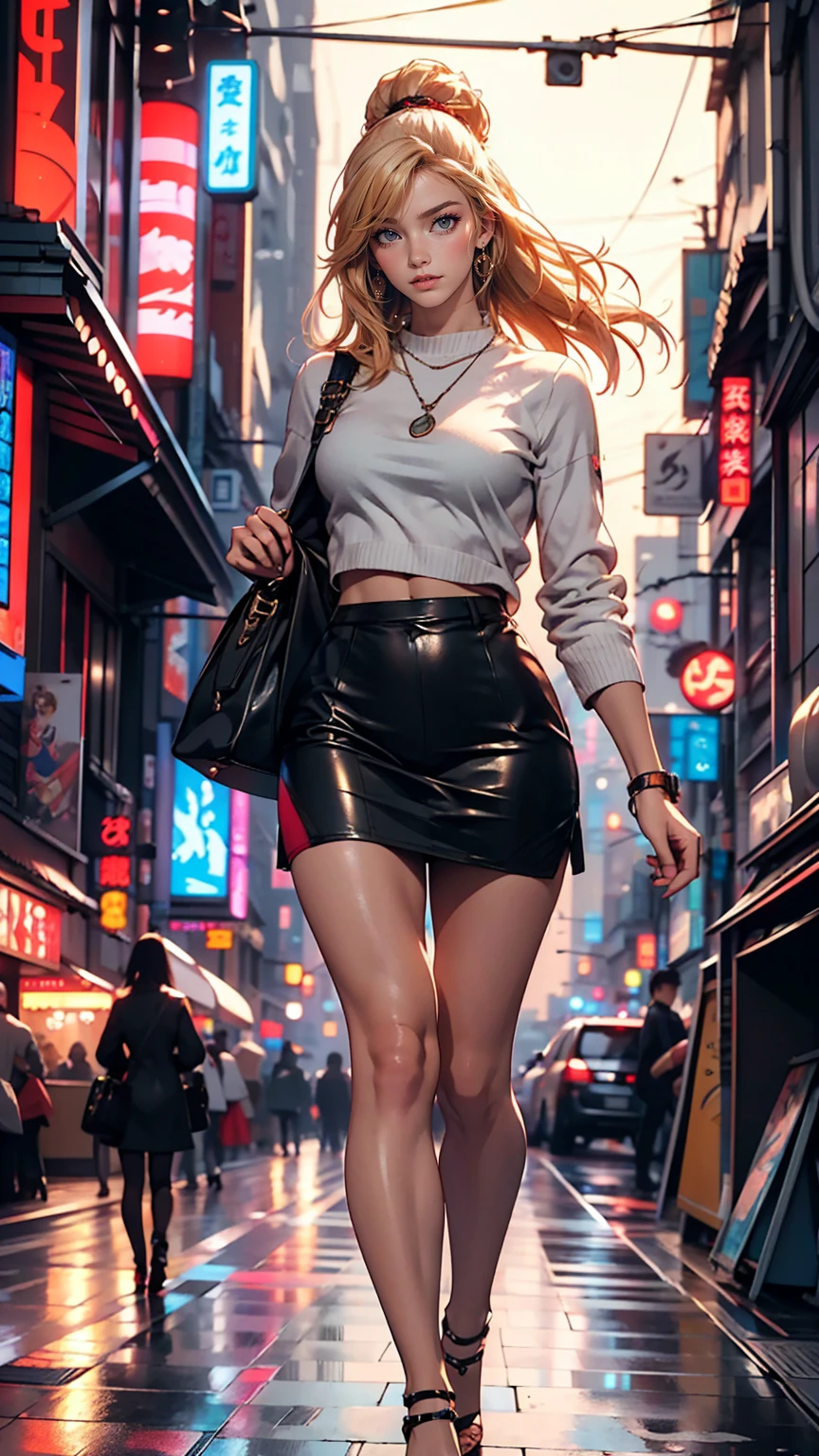 Sexy Caucasian woman standing on a city street wearing a leather skirt and black erotic underwear, Ilya Kuvshinov with long hair, Guviz style artwork, Anime Art Wallpapers 8K, Art Station「Pysif」Mr. Gwitz, ピシヴArt Stationのグウィズ, Cyberpunk anime art