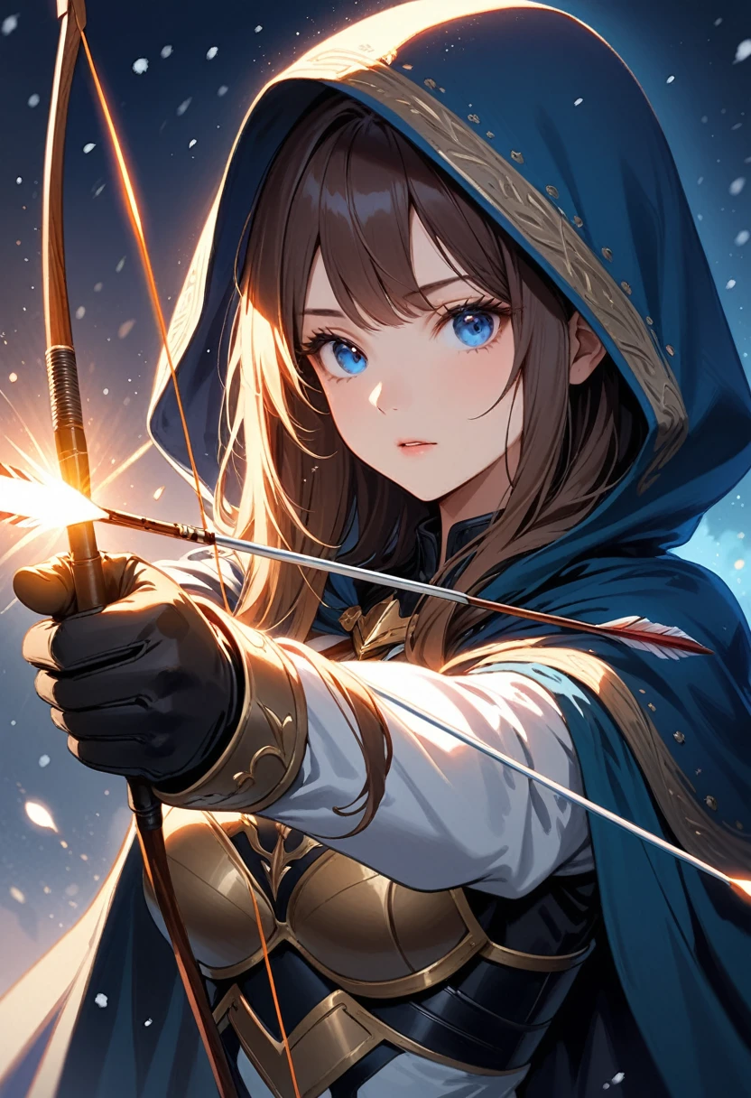 (best quality), ((masterpiece)), (highres), illustration, original, extremely detailed, 1girl, holding bow \(weapon\), bow \(weapon\), weapon, drawing bow, arrow \(projectile\), solo, hood, holding weapon, holding, holding arrow, blue eyes, aiming, long hair, light particles, glowing, upper body, cape, armor, breasts, hood up, snowing