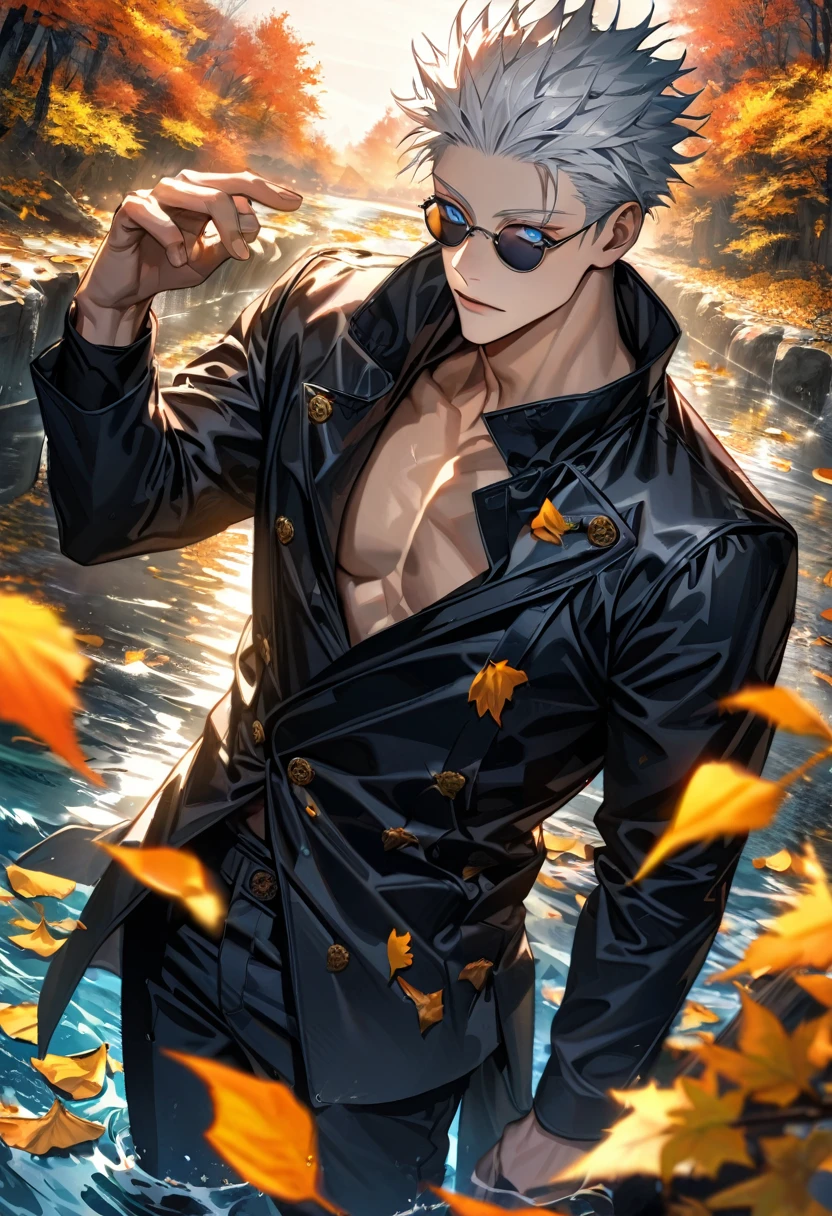 Ultra detailed, highres, absurdres, HDR, Gojo Satoru, white hair with bangs, blue eyes, white eyelashes, black round sunglasses, Jujutsu Kaisen, water, autumn, petals, orange and yellow leaves, sexy man, solo, extremely handsome, very detailed face and eyes, black shirt, black long coat, black pants, toned chest,