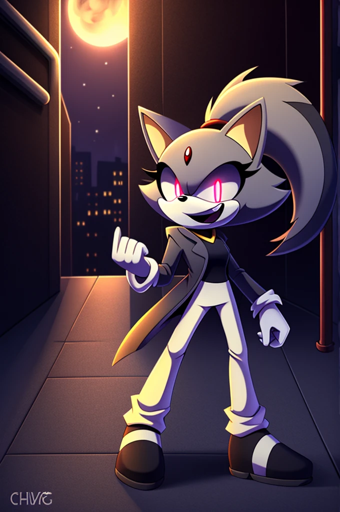 (((masterpiece))), High quality, studio quality, digital art, dark colors, solo character, mobian, in the style of Sonic the Hedgehog, fluffy and wispy grey fur, female cat demon, intimidating height, very skinny legs, skinny body, ponytail that sticks straight up, wearing a plain grey coat with coattails, long coattails, white leggings, black shoes, big evil grin, evil laughter, reveling in evil laughter, throwing head back, villainous stance, triumphant pose, long fluffy tail, long wispy tail, black eyes with red glowing pupils, smoky atmosphere, in the back of a dark city alleyway, nighttime, digital illustration