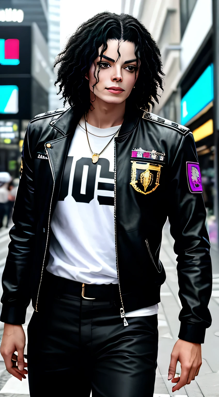 uma foto hiper-realista de Michael Jackson, Fundo, estilo cyberpunk 2077, faixa de ouro cruzando o peito