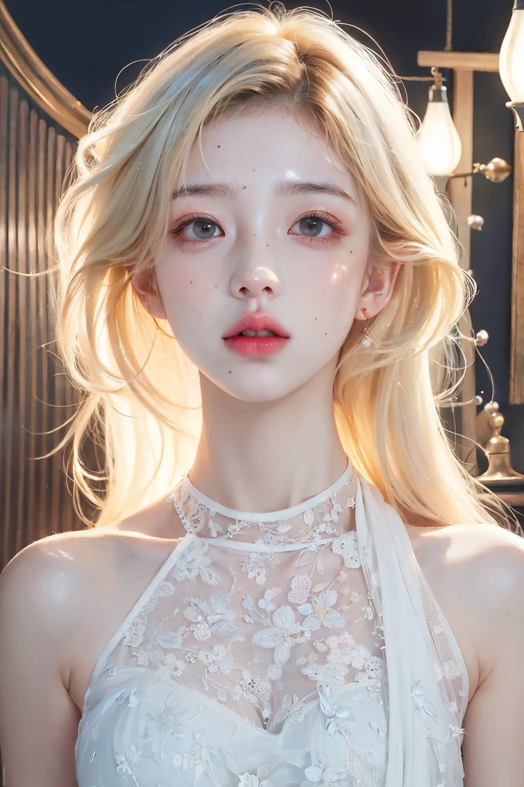 1 woman, SFW,  Beautiful woman with blonde hair in the arcade, (whole body:1.7), AS-Adult, detailed skin, ultra realistic 8k cg, 그림처럼 Perfect 얼굴, Perfect, Clean, masterpiece, 전문적인 illustration, famous work of art, movie lights, Cinematic flowers,  best quality, masterpiece, illustration, (realistic, photo-realistic:1.37), amazing, in detail, incredibly absurd, huge file size, very detailed, mackerel, very detailed CG Unity 8k 벽지, ray tracing. The background of the image is blurry., depth of field and extremely photorealistic quality., (Milky skin, glowing skin:1.5). 