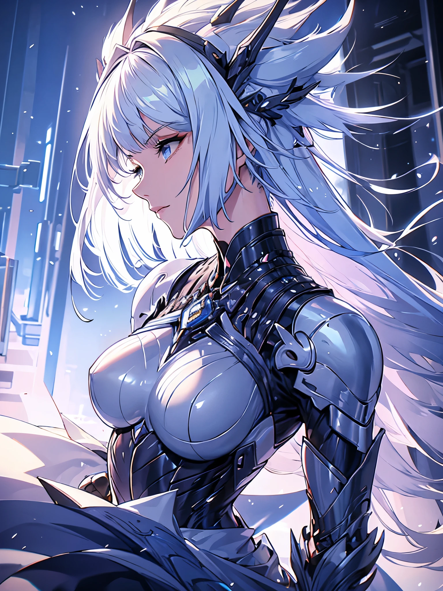 Beautiful tall woman with robotic armor and super realistic white hair, cabelos longos e bem detalhado
